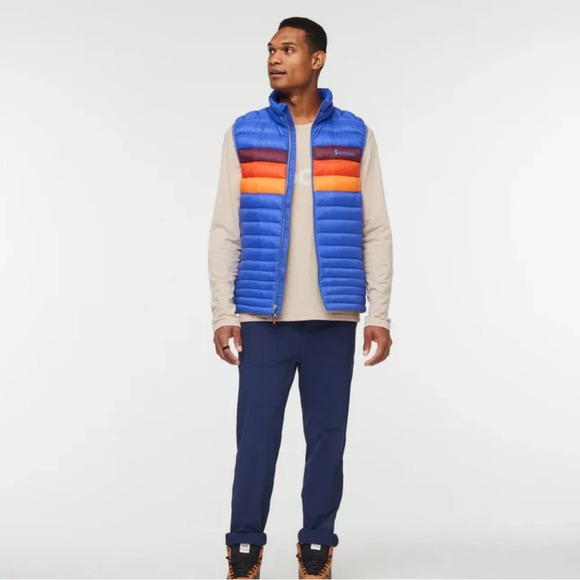 Cotopaxi Men's XL Fuego Down Vest Blue Violet Stripes Yellow NWT Puffy Puff - Picture 8 of 15